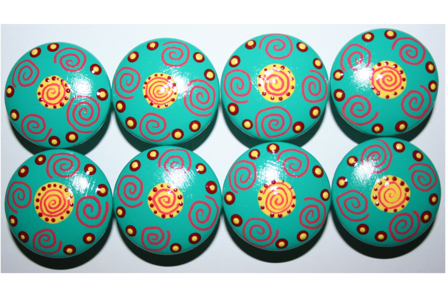 Turquoise, Yellow, Red Polka Dot Swirl Knobs- Matching 3" Pulls Available