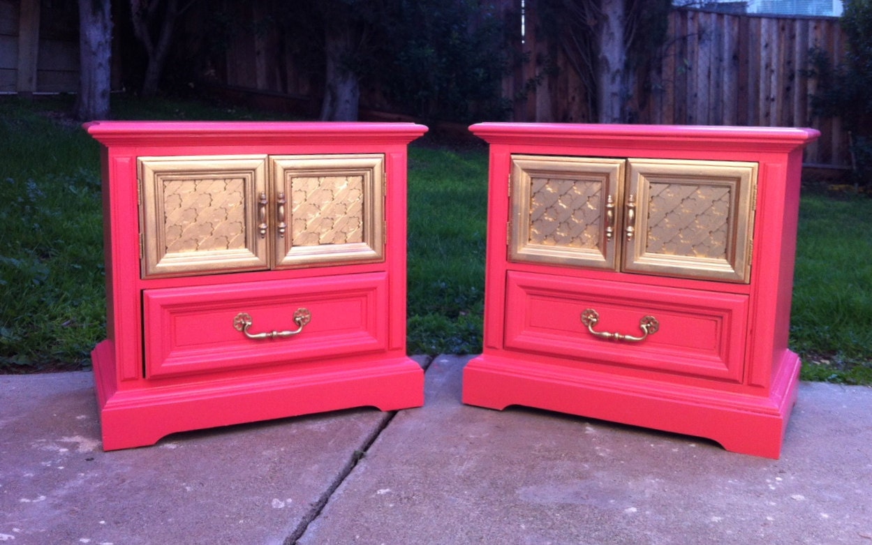 Pair of Vintage 1960s Hot Coral Pink Nightstands with Gold Accent Doors