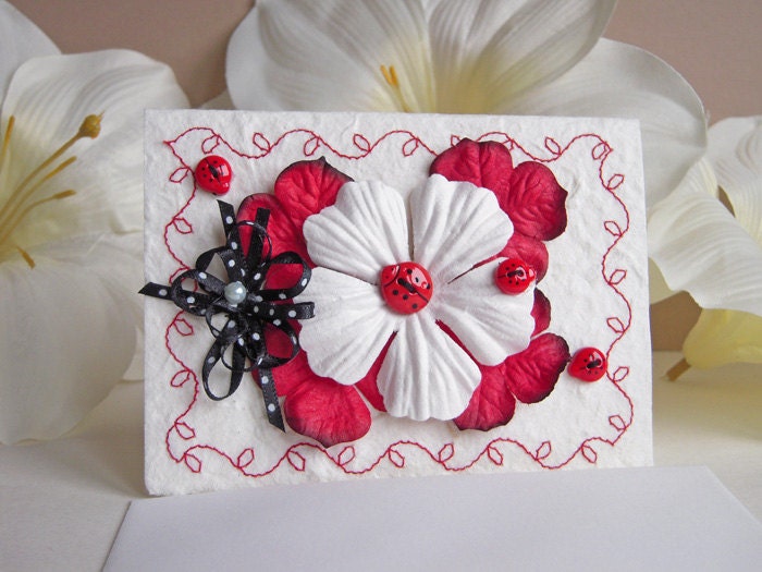 Note Card of Floral and Lady Bugs