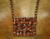 Metal Pendant, Amber Crystal Necklace, Antiqued Gold Chunky Chain, Unique Style, Loud & Bold Statement Costume Jewelry,  Free Shipping