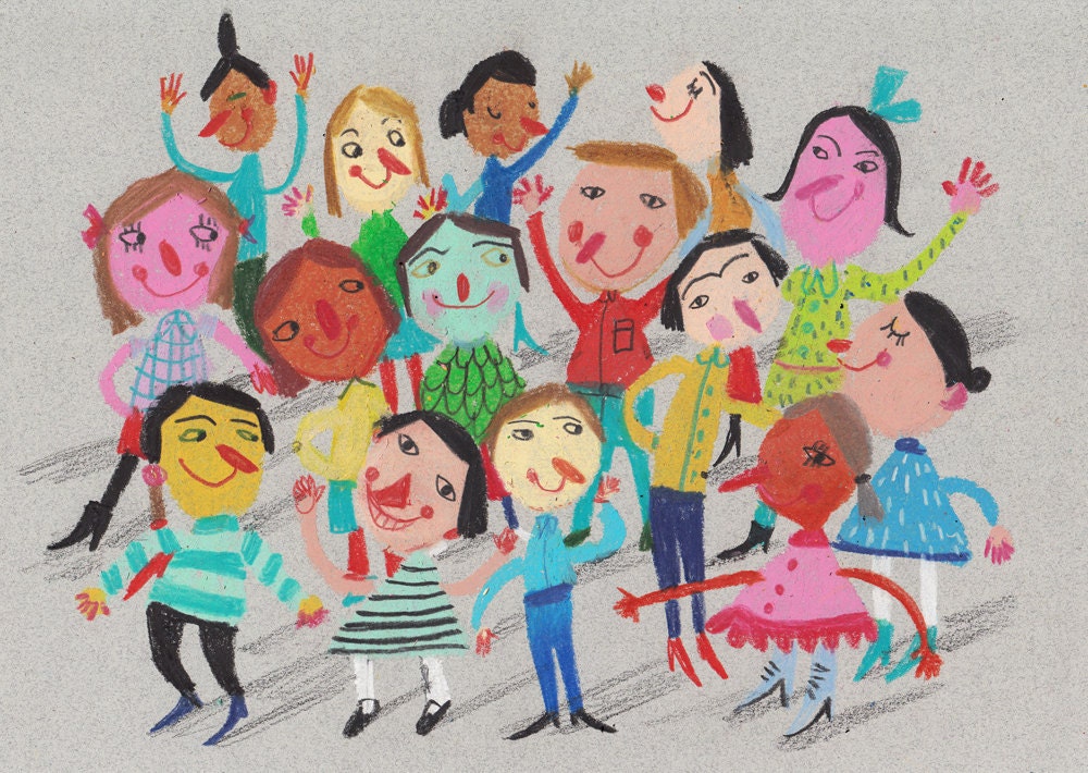 Grade Party / original drawing / happy people on green / colorful / pattern