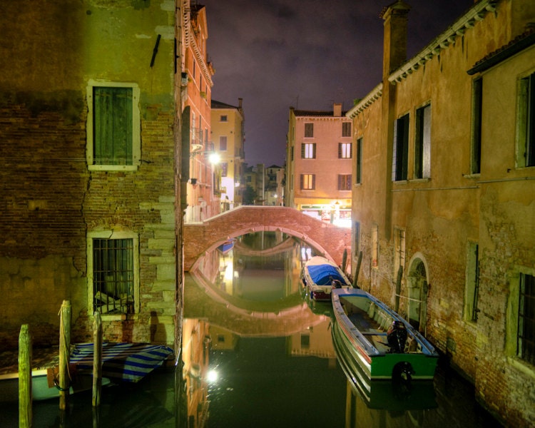 Venice canal fine art photograph - night bridge water Italy twilight Rialto blue wall decor - Ancient Evenings - ven0052