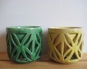 retro 1960s green and yellow round MID CENTURY modern ATOMIC candlesticks set of two