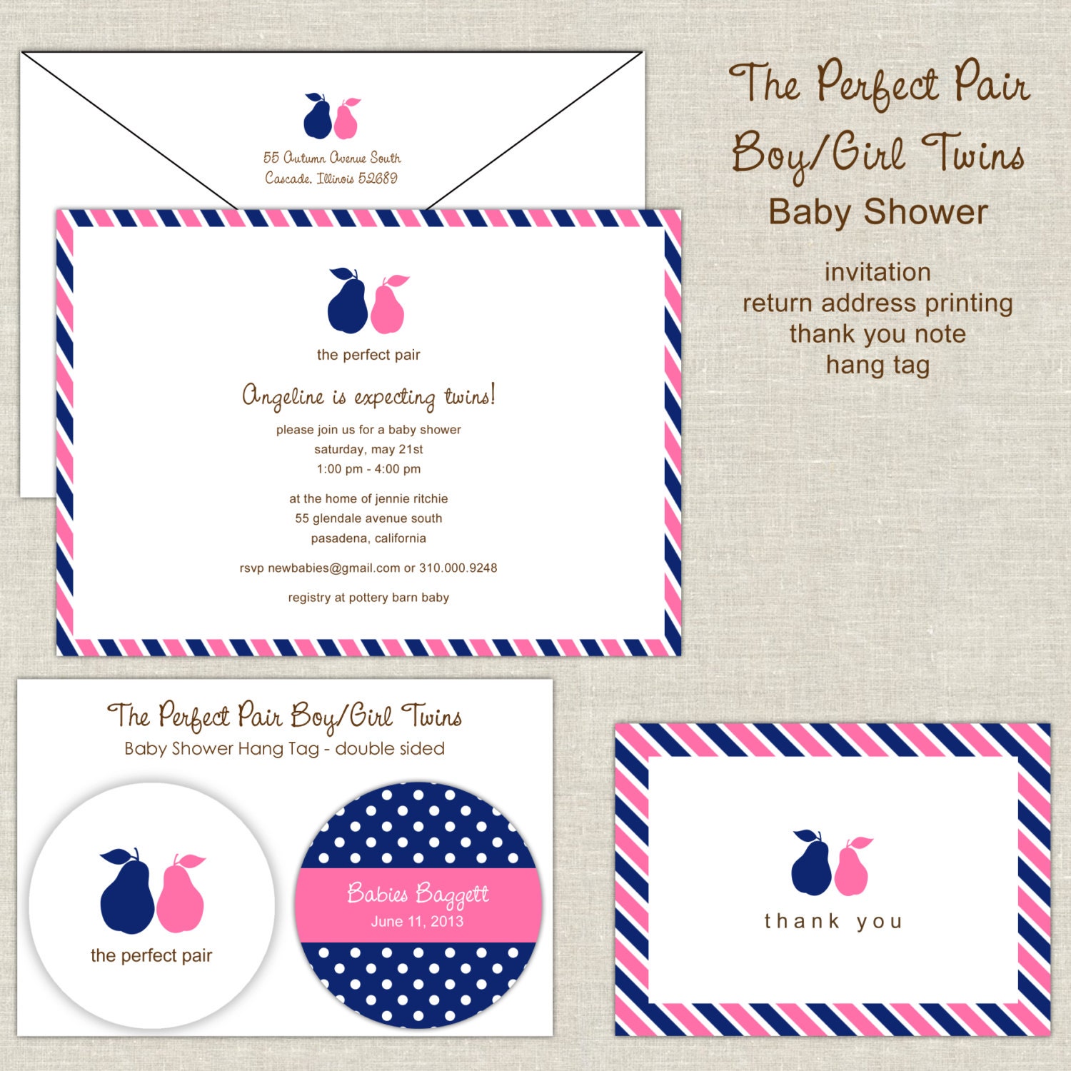 The Perfect Pair Boy Girl Twins Baby Shower Invitation in Navy & Fuchsia Il_570xn