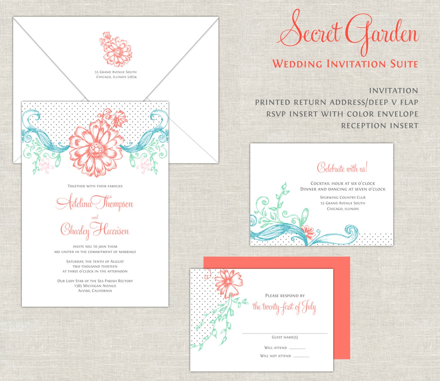 Coral & Turquoise Wedding Invitations, Garden Wedding Invitation, Wedding Invites, Mint, Whimsical, Romantic, Modern, Calligraphy Script Il_570xn