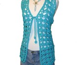Crochet Vest, Turquoise Cotton, Size ladies small 6-8