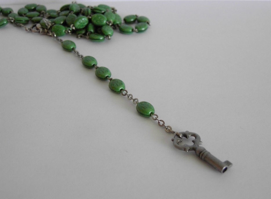 Antique Irish Lariat Necklace with Rosary Shamrock Glass Beads - Antique Key - Gift Idea tt Celtic Decor FREE Shipping