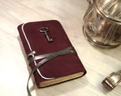 Josephine - Leather journal - Dark Red Suede Journal with Antique Skeleton Key and Vintage Style Paper