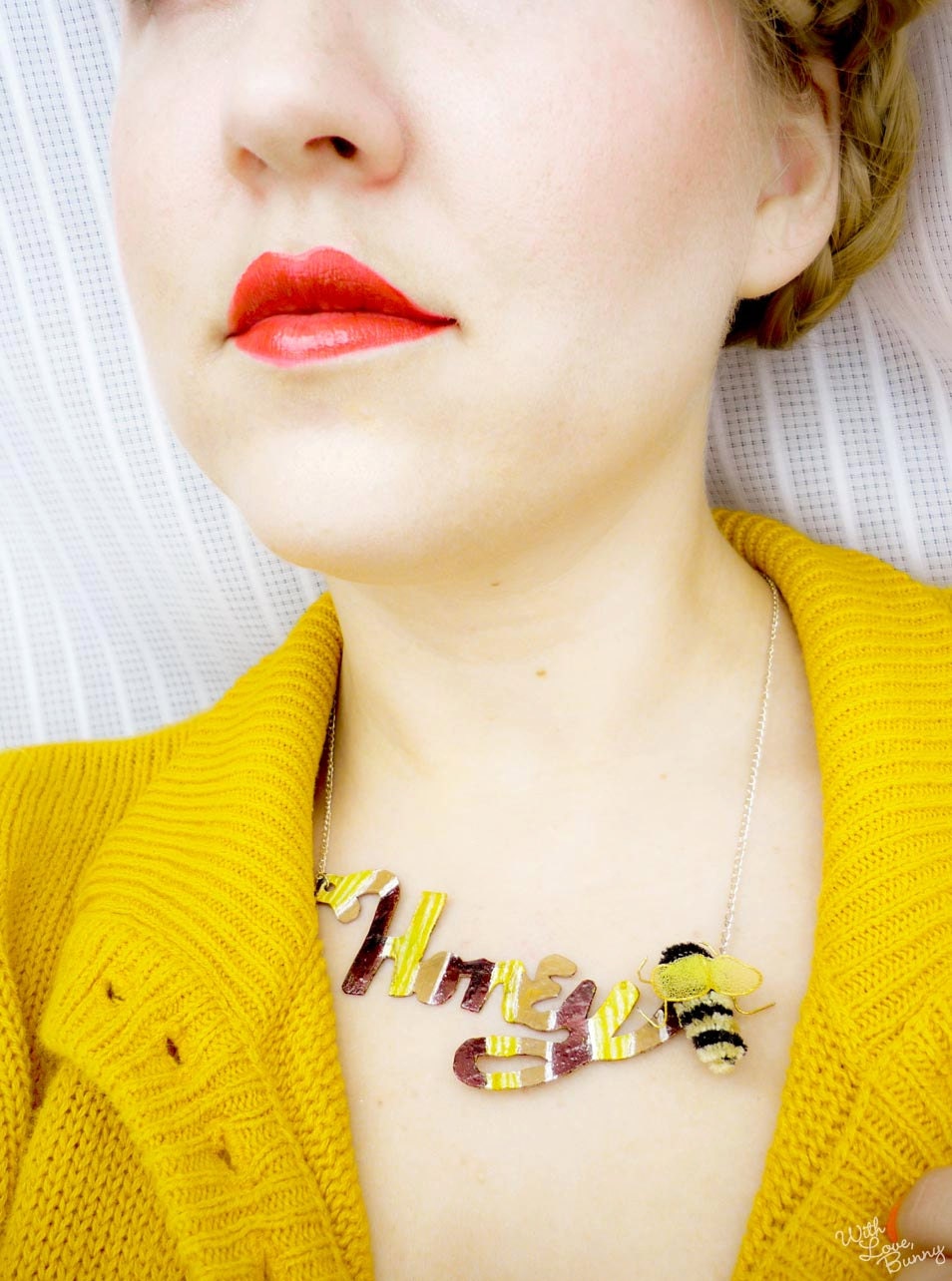 Script Necklace - HONEY BEE - Leather - Hand painted - OOAK