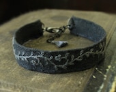 Dark Vine Bracelet - Grey Embroidery on Black Linen