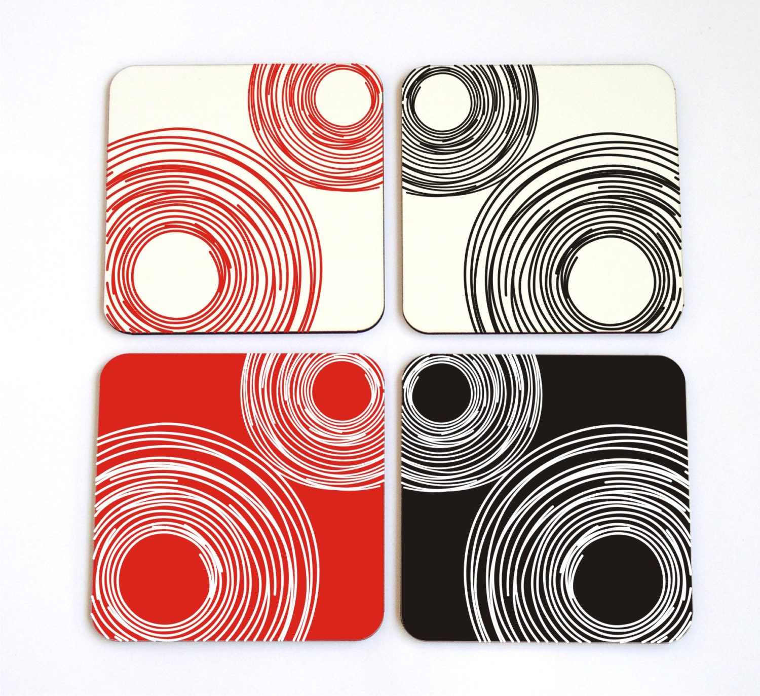 coaster set retro geometric decor drink coasters black white red multiple circles swirls hostess home decor set of 4 coasters gift under 25