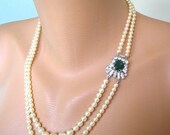 Rhinestone Necklace, Wedding Jewelry, Bridal Necklace, Emerald Necklace, Pearl Necklace, Bridal Accessories, Bridal Pearls, Vintage Jewelry