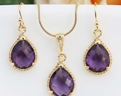 10% OFF SET of 5 Wedding Jewelry Bridesmaid Jewelry Bridesmaid Earrings Amethyst Glass Gold Trimmed Pear Cut Bridesmaid gift