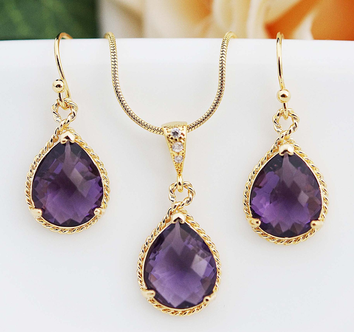 15% OFF SET of 7 Wedding Jewelry Bridesmaid Jewelry Bridesmaid Earrings Amethyst Glass Gold Trimmed Pear Cut Bridesmaid gift