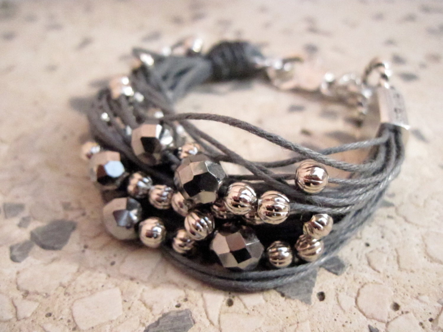 String bracelet grey  and dark grey hematite czech glass beads and silver beads -  fiber jewelry -heart charm
