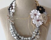 Asymmetrical LIZARD in the Tropics Multistrand Silver, Black, Brown Statement Necklace with Flower Ensemble and Rattan