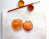 Two Apricots Mixed Media Painting- Original Watercolor on Paper- 6x9-  Peach,Orange, Pink, White