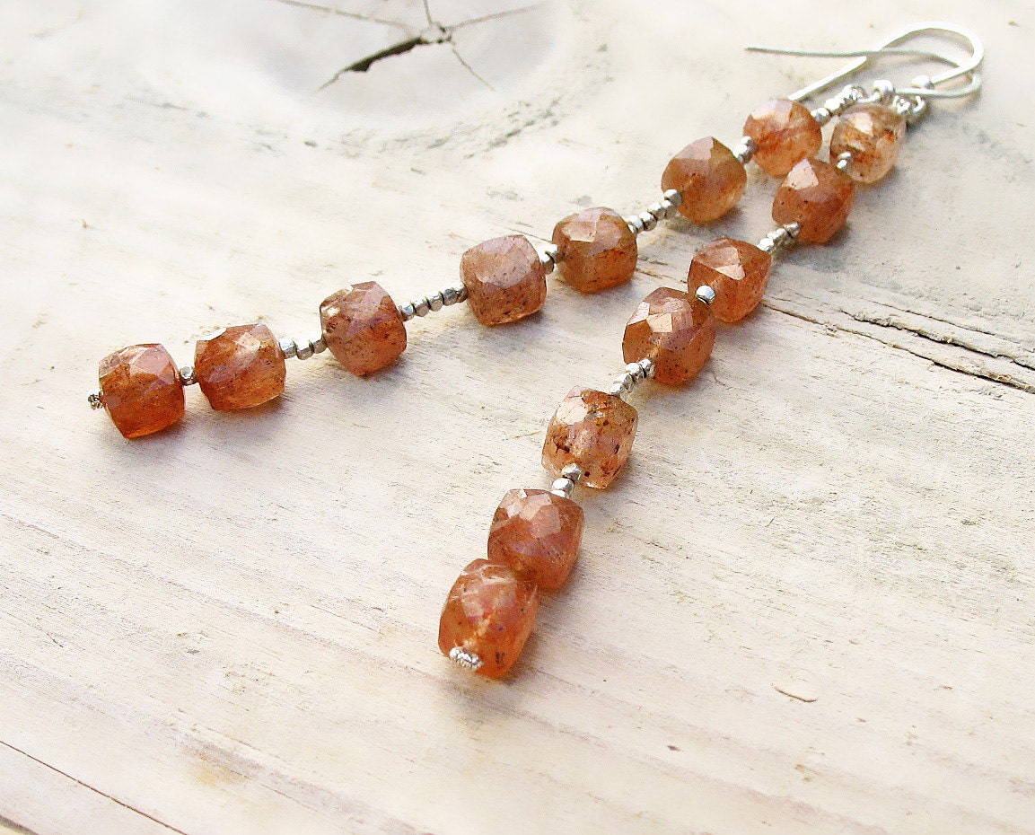 Extra Long Beaded Chain Dangle Earrings Ombre Copper - Cream Rutilated Quartz Cubes Sterling Silver
