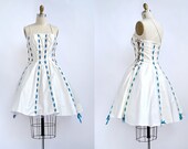vintage 1950s dress / 1950s vintage dress / 50s party dress white taffeta with ribbons