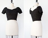 vintage 1940s top / vintage 40s top / black knit cropped top / bombshell top