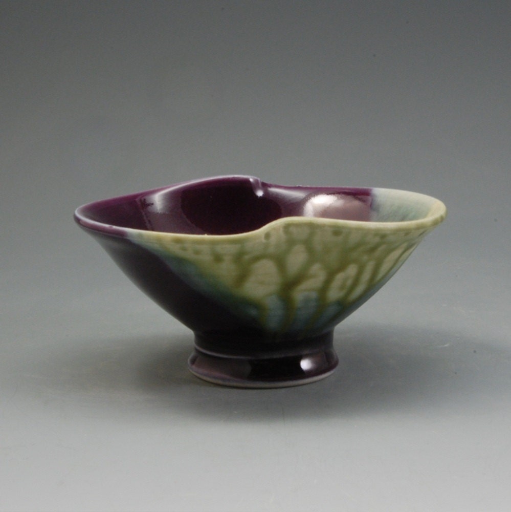 Small Wavy Pottery Bowl Handmade Purple and Fern Green by Mark Hudak