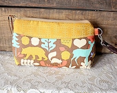 Zipper Wristlet/ Clutch/ Pouch in Forest animals cotton print / Taupe-- READY TO SHIP--