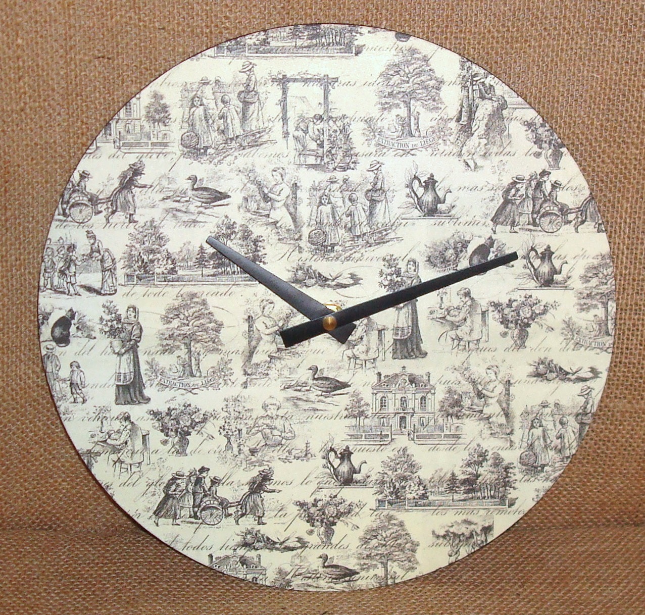 10 Inch Wall Clock -  Black and Cream Toile - Recycled Vinyl Record - Home and Living - No. 1033