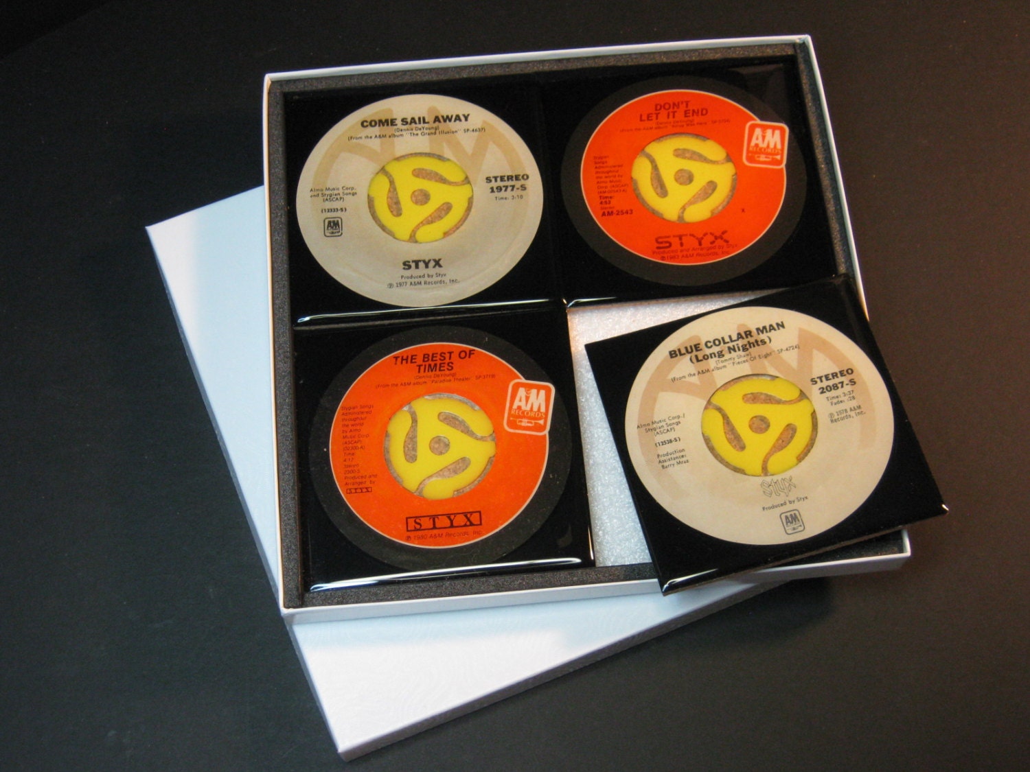 Styx Beautiful 4 pc. Set of  Collectible 45 rpm Record Drink Coasters   53