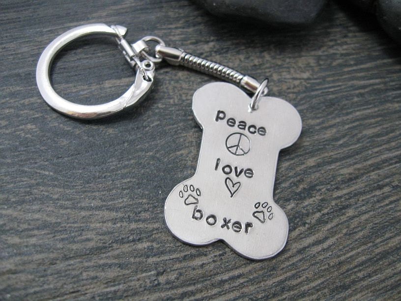 Hand Stamped Aluminium Bone Keychain : Peace Love Boxer