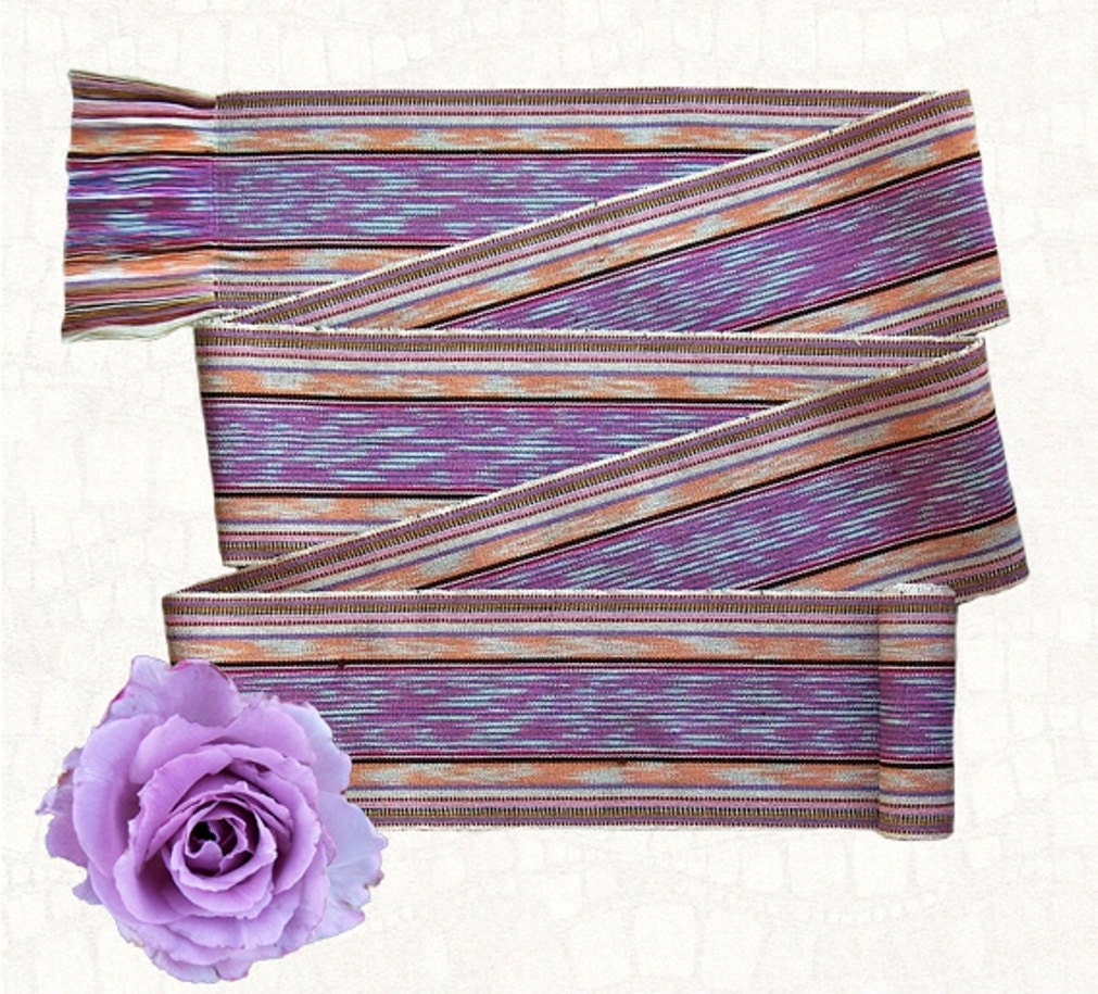Cotton Ikat Sash handwoven vintage fabric accessory Peach Pink Purple ethnic bohemian festival belt no.64
