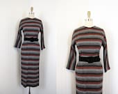 1950s Dress - Vintage 50s Dress - Soft Wool Brown Black Grey Wiggle Cocktail Secretary M L - Fits Like a Glove