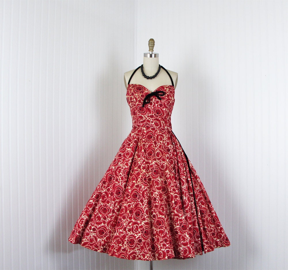 1950s Dress - Vintage 50s Dress - Red Black Cotton Designer Halter Party Sundress - On the Wing