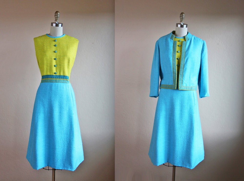 1960s Dress - Vintage 60s Designer Dress Set L - Yellow Turquoise Vera Maxwell Dress and Jacket