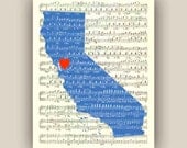 California State Map Art Print, on old sheet music 11x14 Print, customizable hearted city, map silhouette wall art, home decor