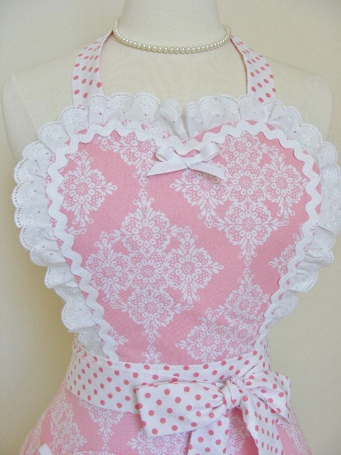 Retro Apron Sweetheart Vintage Style Hostess Apron Pink Damask Lace