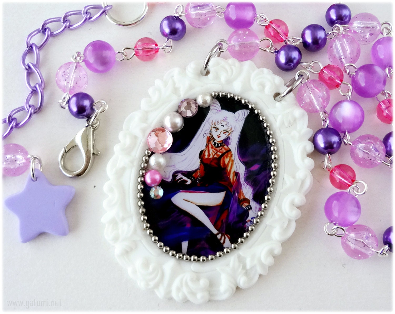 Black Lady Necklace, White Cameo Pendant, Pink and Purple Beaded Chain in Silver - Anime, Sailor Moon Jewelry