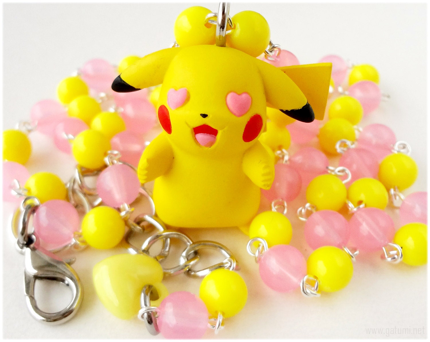 Pikachu Necklace, Pokemon Figure, Pink and Yellow Rosary chain in Silver - Anime Jewelry