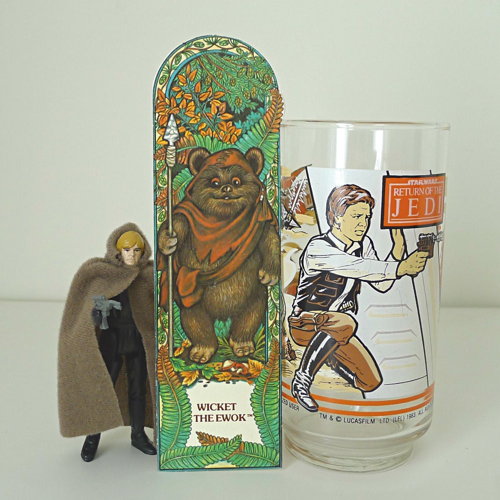 1980s Gift Pack - Vintage Star Wars Action Figure, Luke Skywalker, Return of the Jedi Glass / Tumbler and Ewok Bookmark