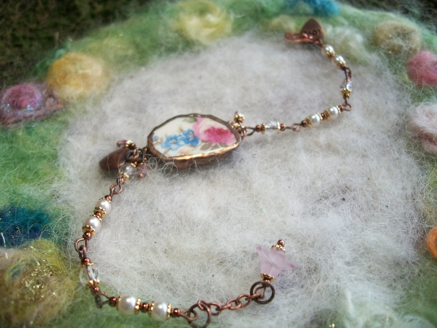 Broken China Bracelet with Cabbage Rose Forget Me Nots and a Dragonfly Charm