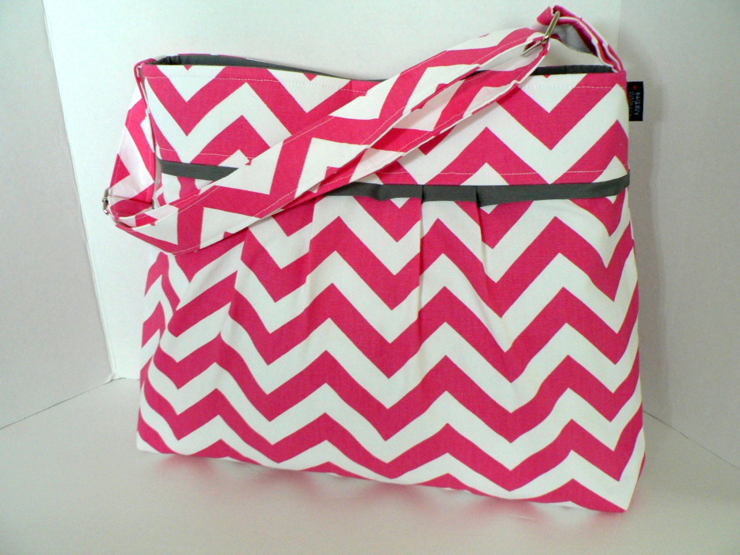 Monterey Chevron Diaper Bag - In Hot Pink Chevron and Grey - With Adjustable Strap - With Elastic Pockets
