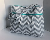 Monterey Large Chevron  Diaper Bag - In Grey Chevron and Aqua - Adjustable Strap - Elastic Pockets