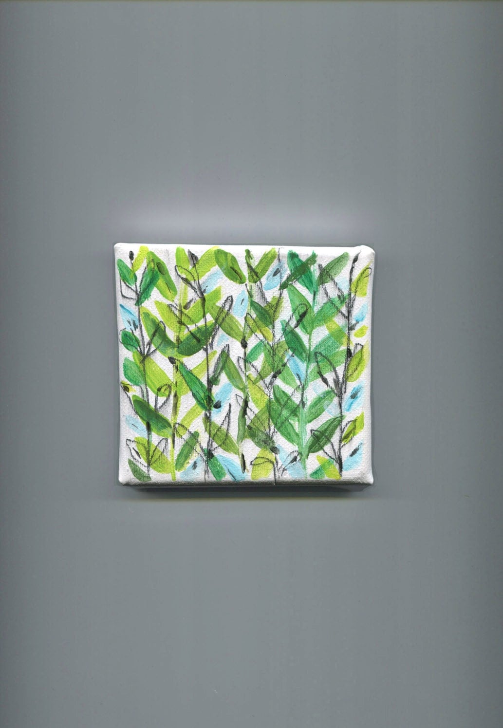 Abstract  forest , Tiny original Acrylic painting. Abstract, modern ,Ermerald green, lime, aqua and black, modern art, abstract leaves