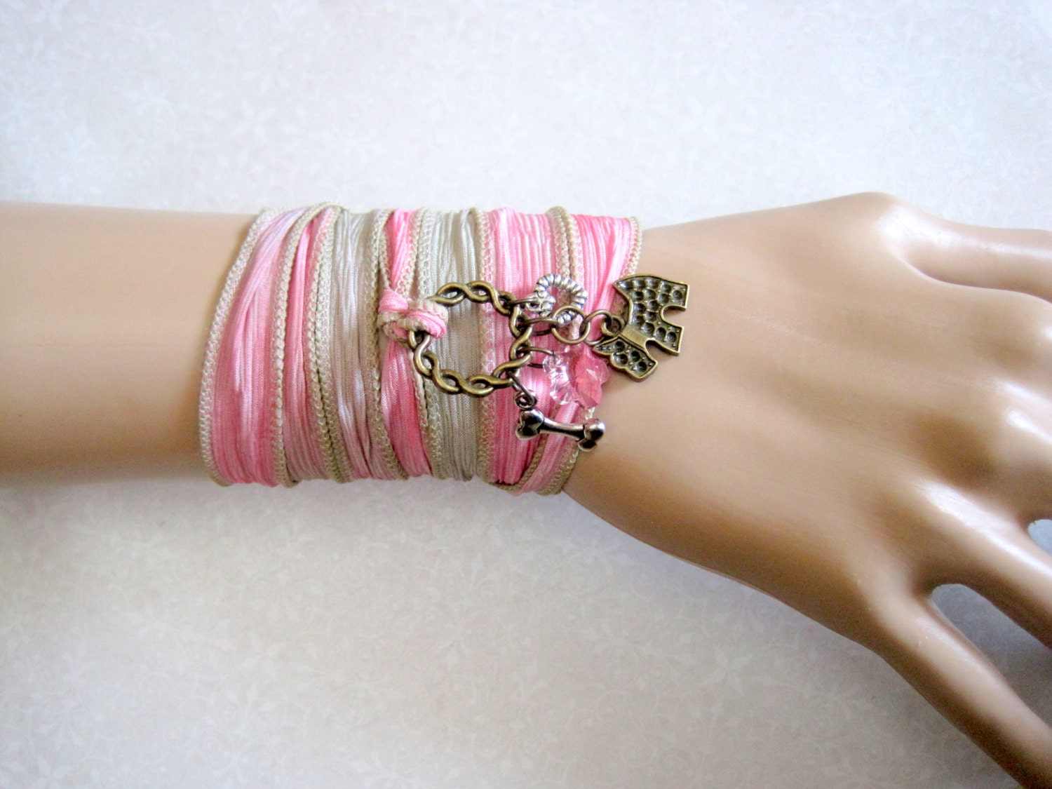 Must Love Dogs Charm Bracelet Anklet - Silver Bronze Dog Bone Heart Rose Swarovski Crystal Flower Silk Ribbon Yoga Wrap