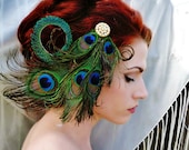 Art Nouveau Headpiece - Jeweled Rhinestone Peacock Feather Fascinator