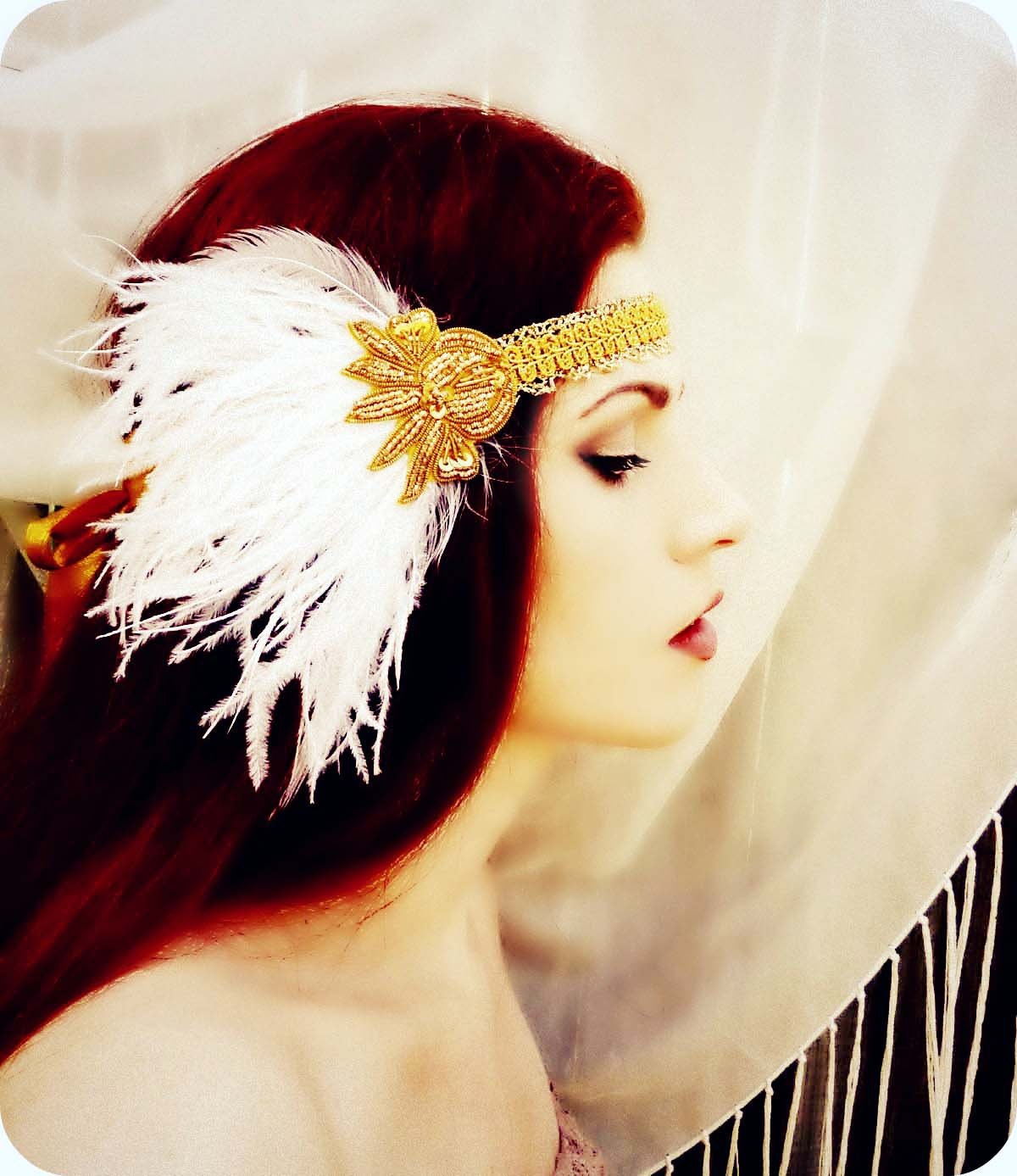 Art Deco Flapper Headdress - Vintage Gold White Ostrich Feather Headdress
