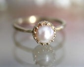 White Pearl In 14K Gold Crown Ring - Made To Order