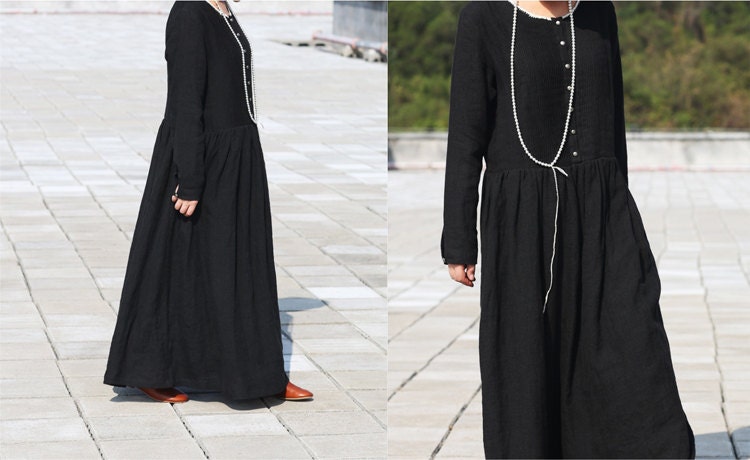 Linen women dress Black Dress Maxi dress(J13)