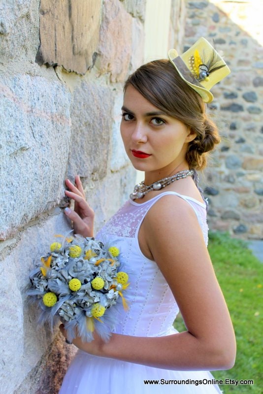 Yellow and Gray Everlasting Bridal Bouquet - Shown in Sunbeam and Slate, Billy Ball