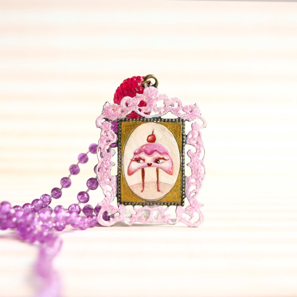 Miss Doughnutella sweet thing. cameo necklace with original miniature painting. pop surrealism lowbrow art by KarolinFelix
