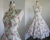 1950s Vintage White Halter Dress with Pink Flowers Marilyn Monroe, Rockabilly
